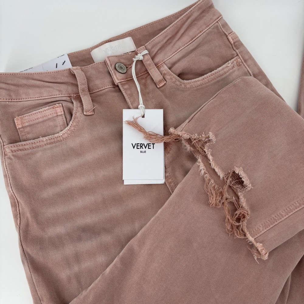 NWT Vervet Women Bella High-Rise Flare Jeans 24 Coral Pink Distressed Raw Hem